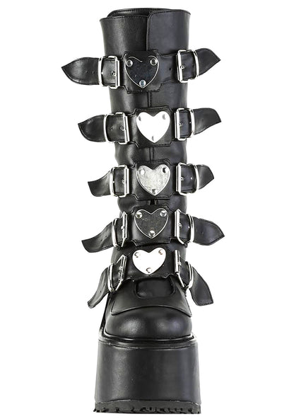 Demonia SWING 230 Black Heart Black Platform Boots in black vegan leather showing chunky platform height and treaded sole — side view