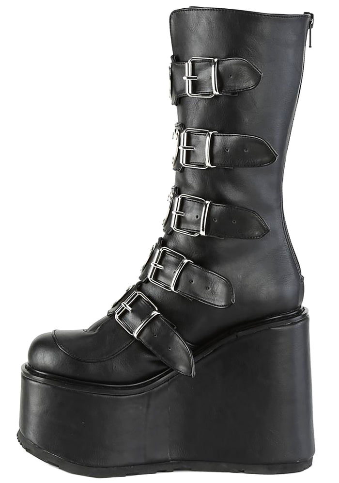 Demonia SWING 230 Black Heart Black Platform Boots in black vegan leather showing metal heart buckle hardware and platform detail — detail shot