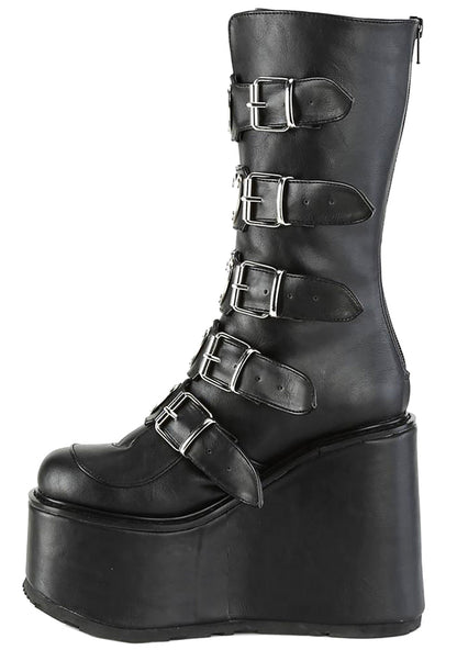 Demonia SWING 230 Black Heart Black Platform Boots in black vegan leather showing metal heart buckle hardware and platform detail — detail shot
