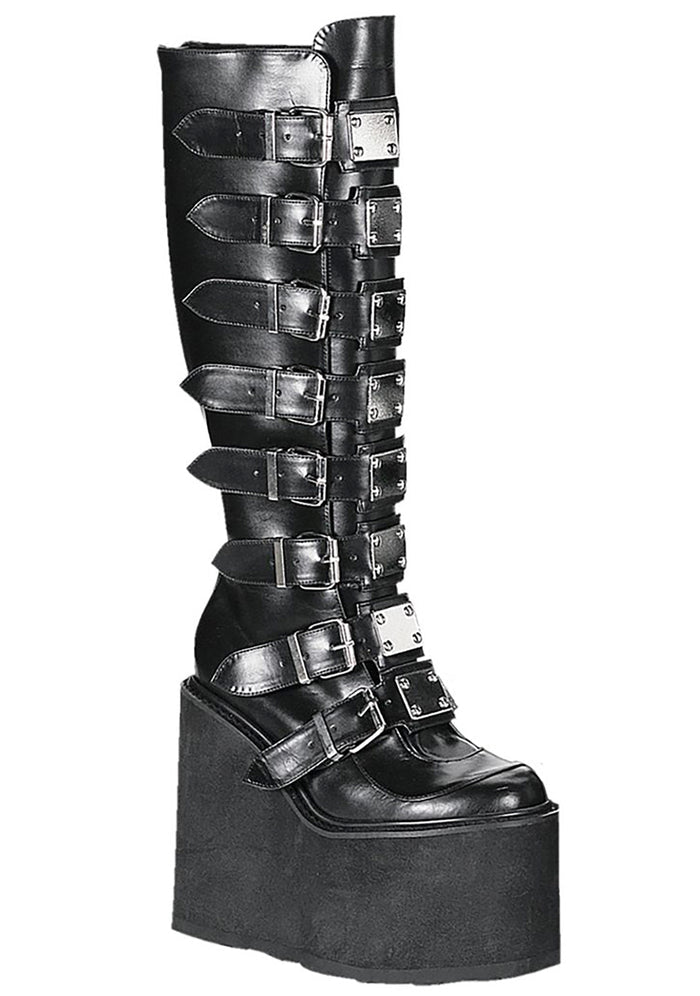 Demonia SWING 815 Beautiful Destruction Black Platform Boots in black vegan PU leather with silver metal plate hardware and 5.5 inch wedge platform — front view