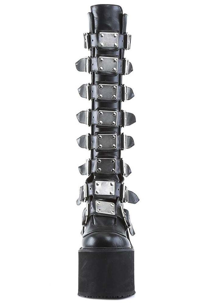 Demonia SWING 815 Beautiful Destruction Black Platform Boots in black vegan PU leather showing goth punk knee-high silhouette and 5.5 inch wedge platform — side view