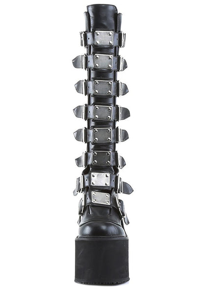 Demonia SWING 815 Beautiful Destruction Black Platform Boots in black vegan PU leather showing goth punk knee-high silhouette and 5.5 inch wedge platform — side view