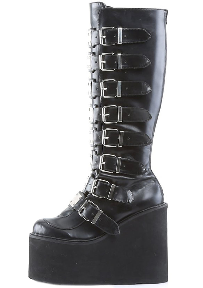 Demonia SWING 815 Beautiful Destruction Black Platform Boots in black vegan PU leather showing silver metal plate hardware and back zip detail — detail shot
