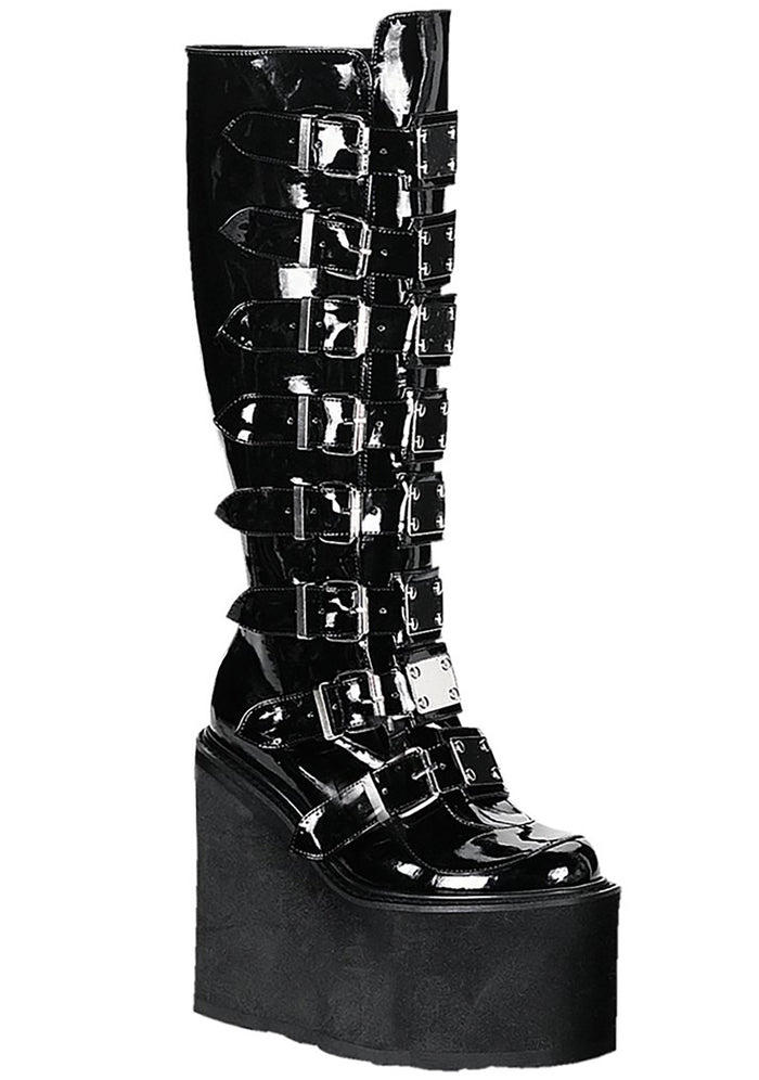 Demonia SWING 815 Ultimate Weapon Patent Black Platform Boots in black patent leather with 8 metal plate buckle straps and 5.5 inch EVA foam platform — front view