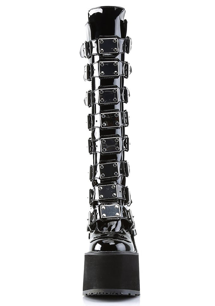 Demonia SWING 815 Ultimate Weapon Patent Black Platform Boots in black patent leather showing mid-calf height and 5.5 inch EVA foam platform — side view