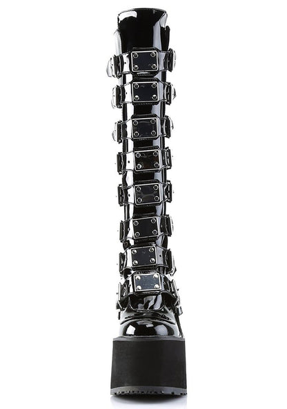 Demonia SWING 815 Ultimate Weapon Patent Black Platform Boots in black patent leather showing mid-calf height and 5.5 inch EVA foam platform — side view