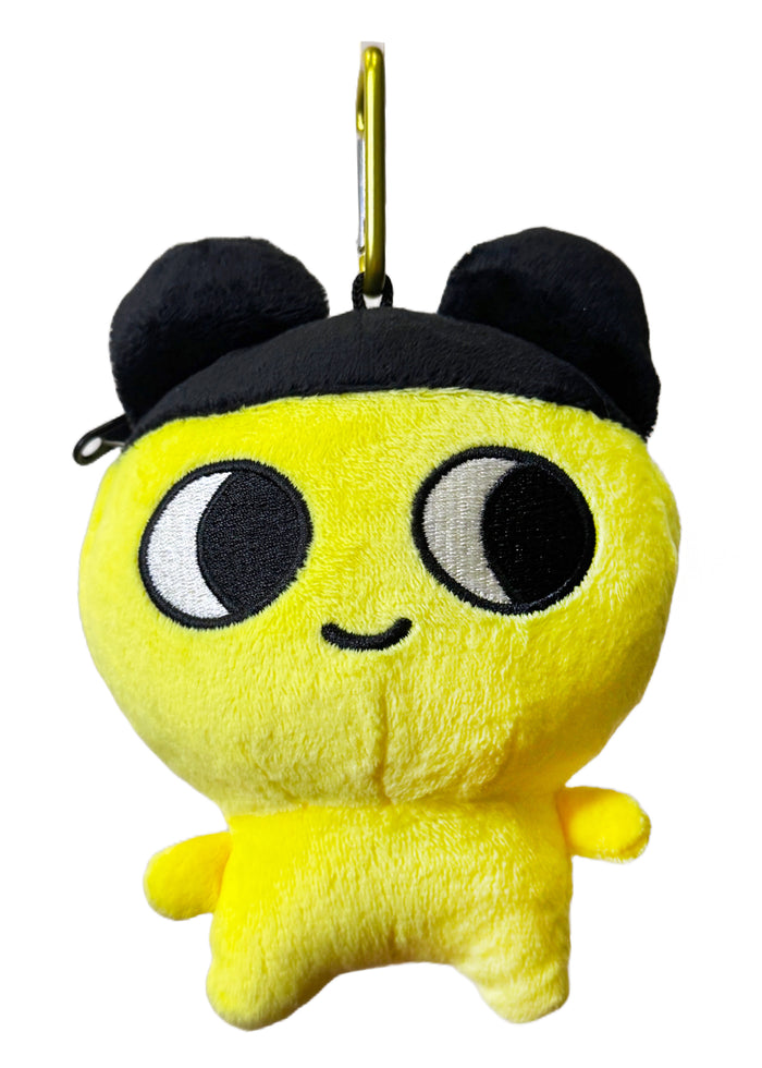 Bandai Tamagotchi Mametchi Plush Mini Pouch in yellow with 3D chibi Mametchi plush design and zipper closure — front view