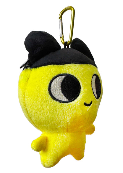 Bandai Tamagotchi Mametchi Plush Mini Pouch in yellow with 3D chibi Mametchi plush design and zipper closure — side view