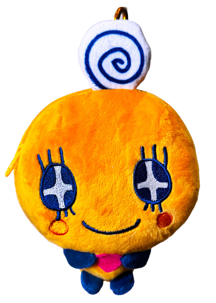 Bandai Tamagotchi Memetchi Plush Mini Pouch in orange with 3D chibi Memetchi plush design and zipper closure — front view