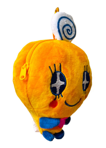 Bandai Tamagotchi Memetchi Plush Mini Pouch in orange with 3D chibi Memetchi plush design and zipper closure — side view