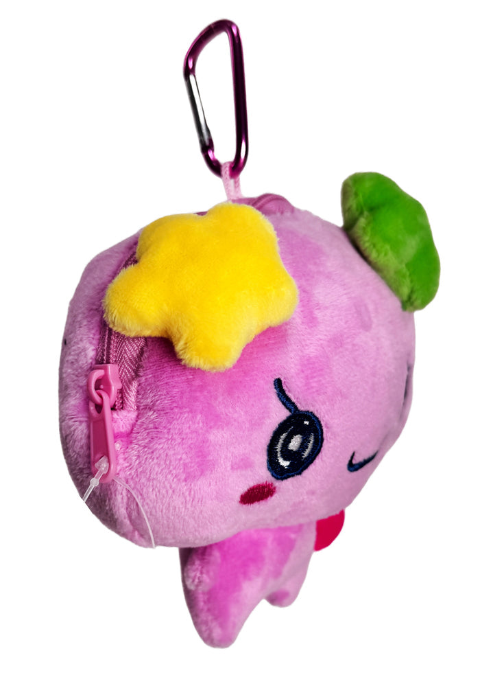 Bandai Tamagotchi Violetchi Plush Mini Pouch in purple with 3D chibi Violetchi plush design and zipper closure — side view