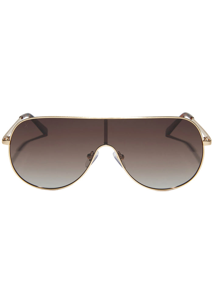 Dime Optics Tarzana Polarized Sunglasses in gold brown with oval shield metal frame and gradient lens on rave festival sunglasses — front view