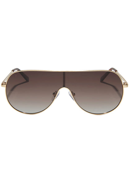 Dime Optics Tarzana Polarized Sunglasses in gold brown with oval shield metal frame and gradient lens on rave festival sunglasses — front view