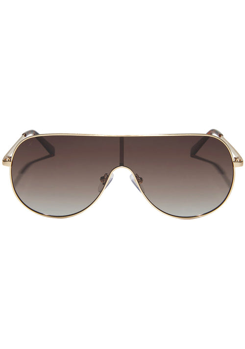 Dime Optics Tarzana Polarized Sunglasses in gold brown with oval shield metal frame and gradient lens on rave festival sunglasses — front view