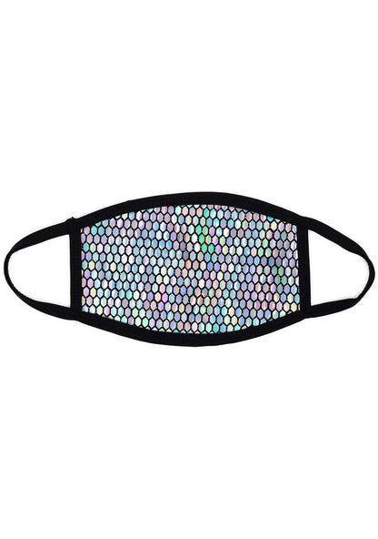 BGlittz Technicolor 2.0 Black Dust Mask in holographic multi with honeycomb laser cut holographic detail on breathable nylon rave festival face mask — front view