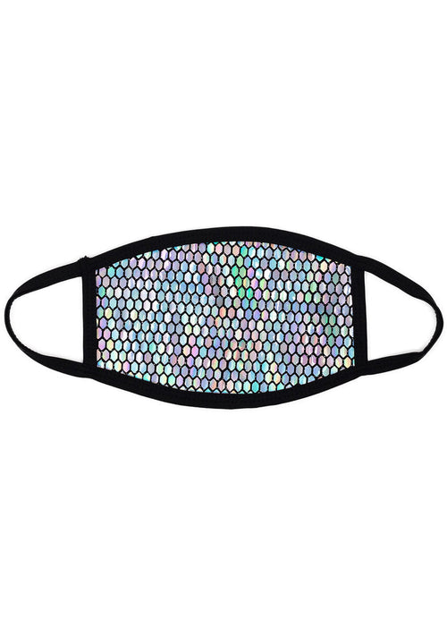 BGlittz Technicolor 2.0 Black Dust Mask in holographic multi with honeycomb laser cut holographic detail on breathable nylon rave festival face mask — front view