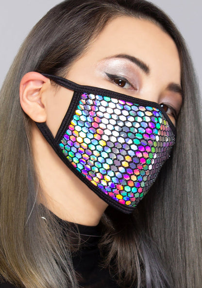 BGlittz Technicolor 2.0 Black Dust Mask in holographic multi with honeycomb laser cut holographic detail on breathable nylon rave festival face mask — model view
