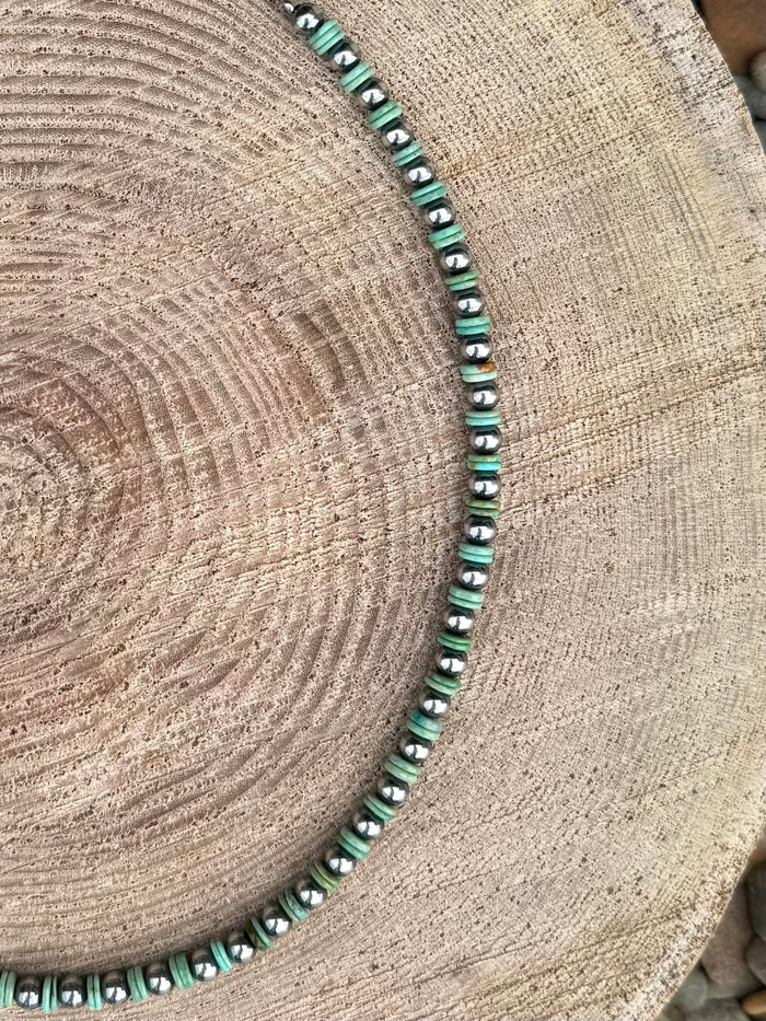 The Bijoux FAB 14" Sterling Silver Pearls & Green Heishi Choker Necklace NEC-STE-163-TUR