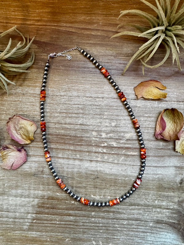 The Bijoux FAB 18" 5mm Sterling Silver Pearls & Orange Spiny Oyster Necklace NEC-STE-018-ORA