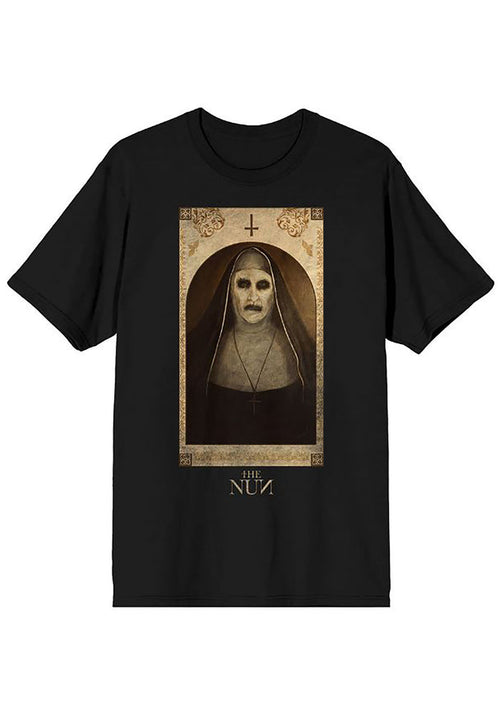 Bioworld The Nun Poster Unisex Tee in black with The Nun movie poster front graphic on horror fandom rave festival top — front view