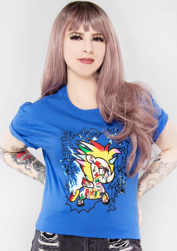 tokidoki Toki Anime T-Shirt in blue with Unicorno graphic on front on 100% cotton kawaii rave tee — model front view
