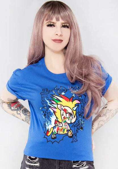 tokidoki Toki Anime T-Shirt in blue with Unicorno graphic on front on 100% cotton kawaii rave tee — model front view