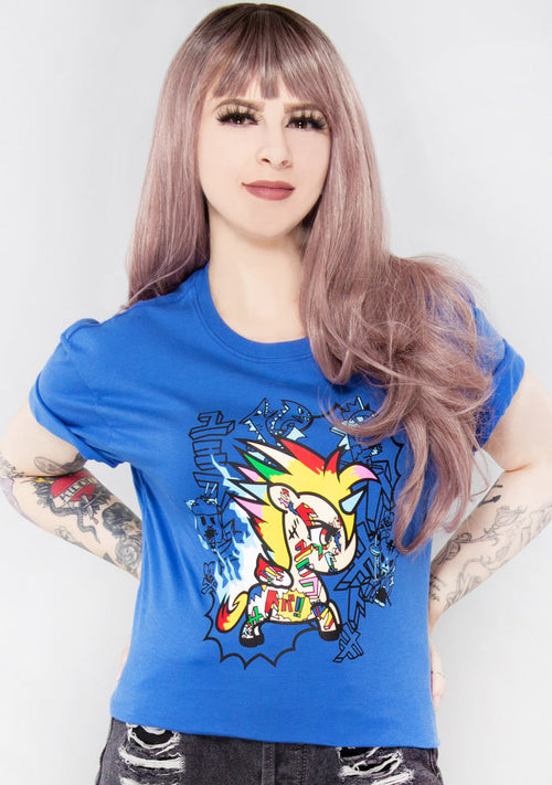 tokidoki Toki Anime T-Shirt in blue with Unicorno graphic on front on 100% cotton kawaii rave tee — model front view