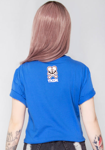 tokidoki Toki Anime T-Shirt in blue with Unicorno graphic on front on 100% cotton kawaii rave tee — model back view