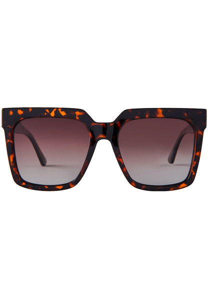 Dime Optics Topanga Sunglasses in tortoise brown gradient with oversized square frame and X etched lens on rave sunglasses — front view