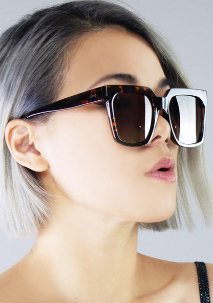 Dime Optics Topanga Sunglasses in tortoise brown gradient — model view