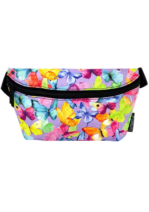 Fydelity Ultra Slim Butterfly Dream Fanny Pack with pastel butterfly graphics on rave festival belt bag — front view
