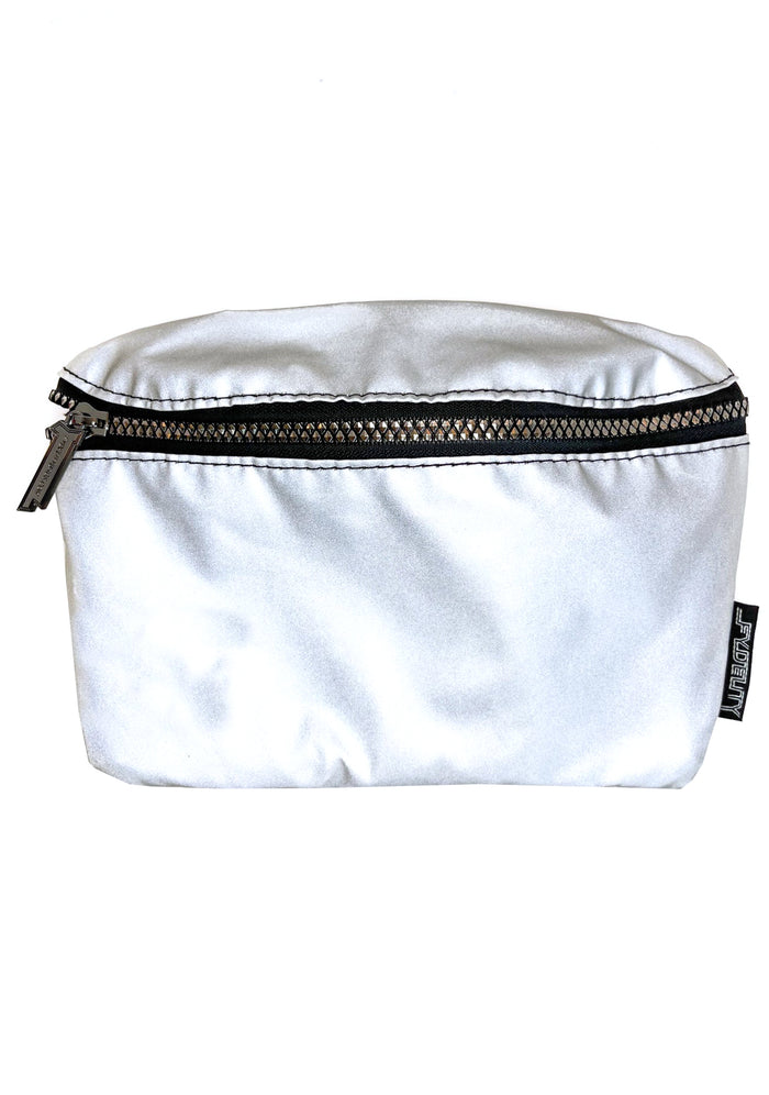 Fydelity Ultra Slim Codebreaker Reflective Fanny Pack in silver with reflective material on festival belt bag — front view