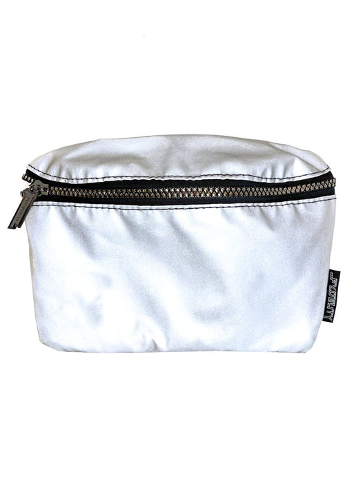 Fydelity Ultra Slim Codebreaker Reflective Fanny Pack in silver with reflective material on festival belt bag — front view