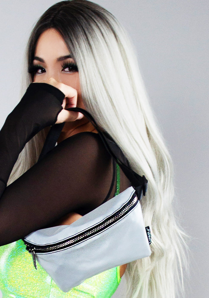 Fydelity Ultra Slim Codebreaker Reflective Fanny Pack in silver — model side view