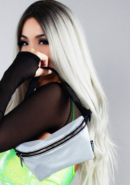 Fydelity Ultra Slim Codebreaker Reflective Fanny Pack in silver — model side view
