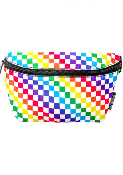 Fydelity Ultra Slim Love Wins Rainbow Fanny Pack with white rainbow checker print on pride festival belt bag — front view