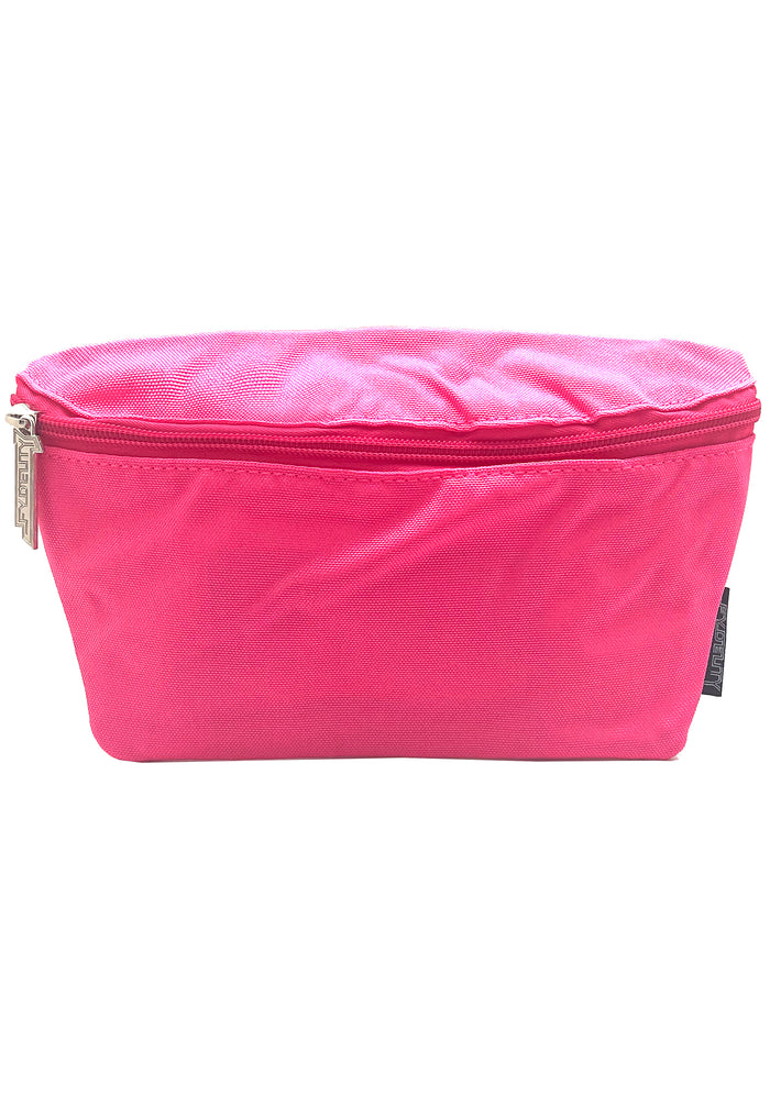 Fydelity Ultra Slim Pink Blast Neon Pink Fanny Pack with adjustable nylon belt on festival belt bag — front view