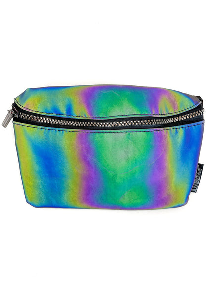 Fydelity Ultra Slim Shadowbanned Reflective Fanny Pack in rainbow with reflective material on festival belt bag — front view