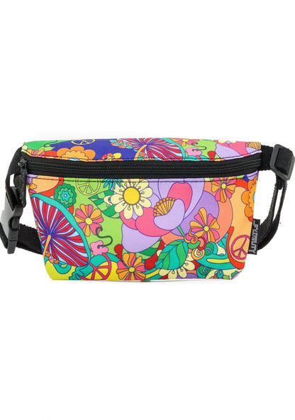Fydelity Ultra Slim Wonderland Fever Fanny Pack with fantasized wonderland graphics on rave festival belt bag — front view