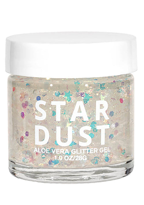 Lavender Stardust Unicorn Stardust Body Glitter Pot in white with iridescent big flake glitter and stars on rave makeup glitter pot — front view
