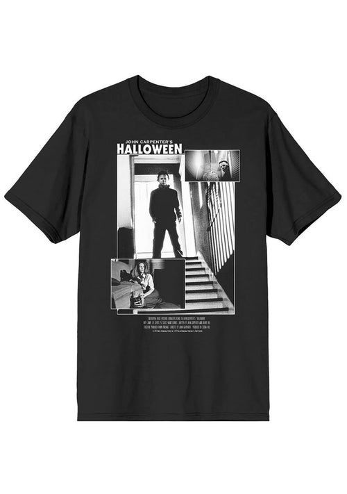 Bioworld Universal Halloween Michael Myers Unisex Tee in black with John Carpenter Halloween front graphic on horror fandom rave festival top — front view