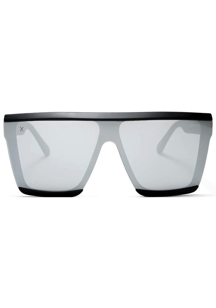 Dime Optics Unlocked Sunglasses in matte black grey mirror with oversized rectangular flat top frame on festival rave sunglasses — front view