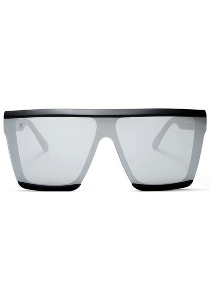 Dime Optics Unlocked Sunglasses in matte black grey mirror with oversized rectangular flat top frame on festival rave sunglasses — front view