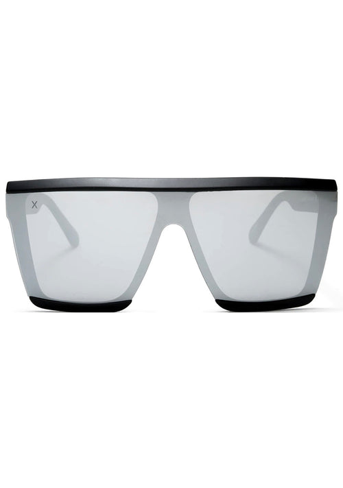 Dime Optics Unlocked Sunglasses in matte black grey mirror with oversized rectangular flat top frame on festival rave sunglasses — front view
