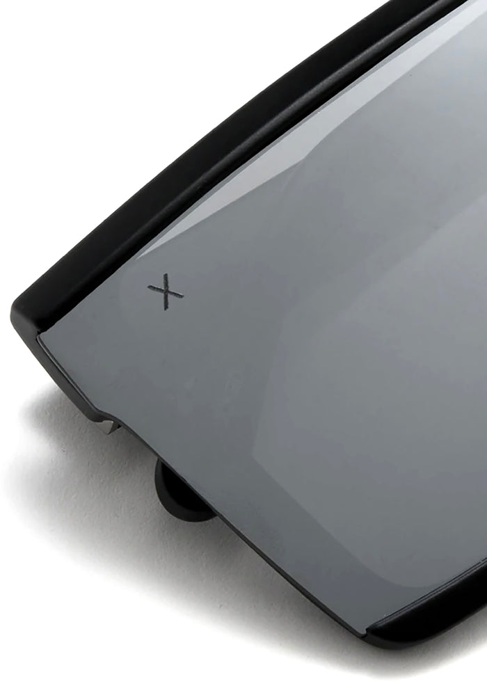 Dime Optics Unlocked Sunglasses in matte black grey mirror — detail view