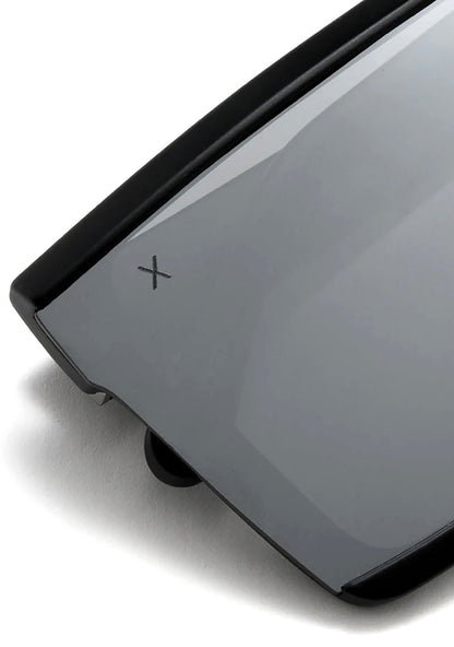 Dime Optics Unlocked Sunglasses in matte black grey mirror — detail view
