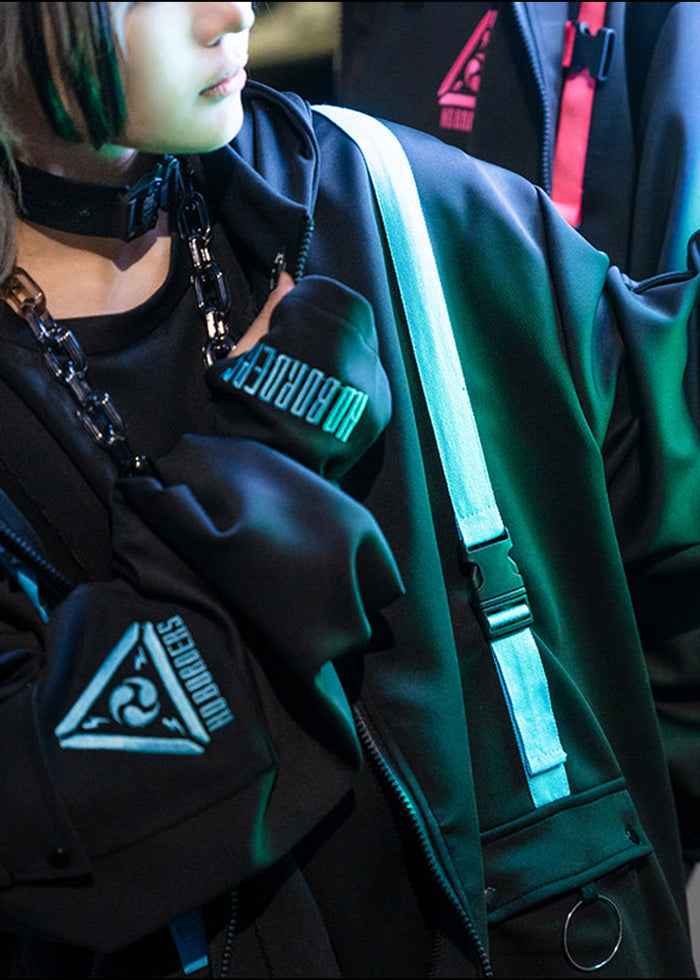 ACDC Rag Uzurai Cyberpunk Tech Oversized Black Blue Jacket — detail shot