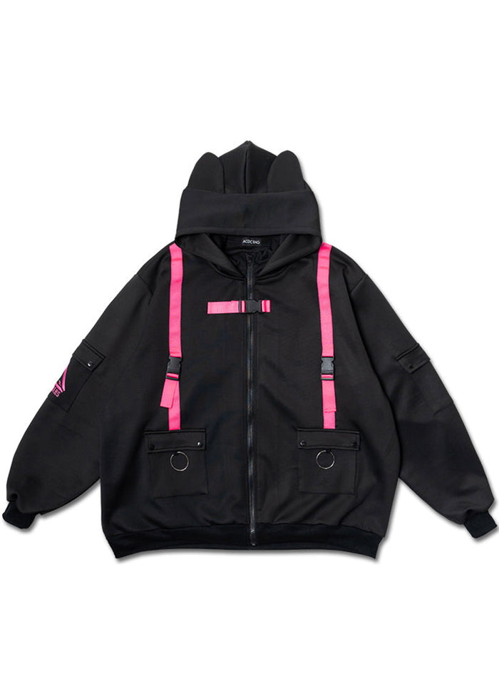 ACDC Rag Uzurai Cyberpunk Tech Oversized Black Pink Jacket — front view