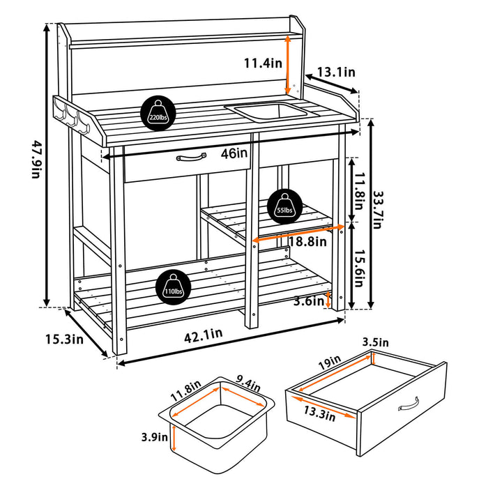 46"W x 15.3"D x 47.9"H wood potting bench