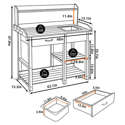 46"W x 15.3"D x 47.9"H wood potting bench